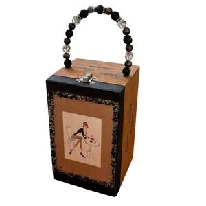 Cigar box purse hand made top handle bag painted beaded lined black tan wood